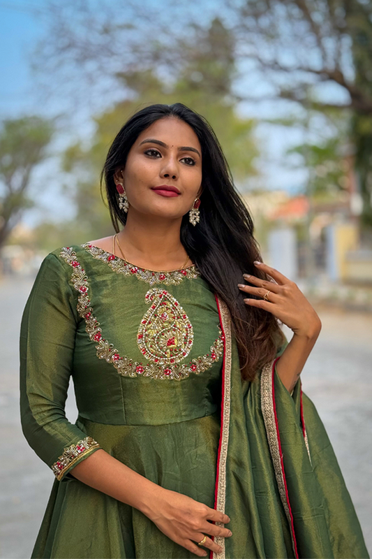 Green Zari Tissue Gown With Pearl & Sequin Handwork