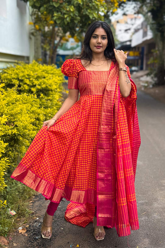 Rashmika orange checkered kurta set with matching dupatta, long flare dress