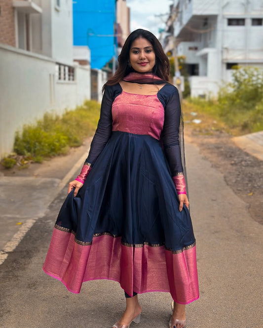 Semi Silk Gown Navy Blue